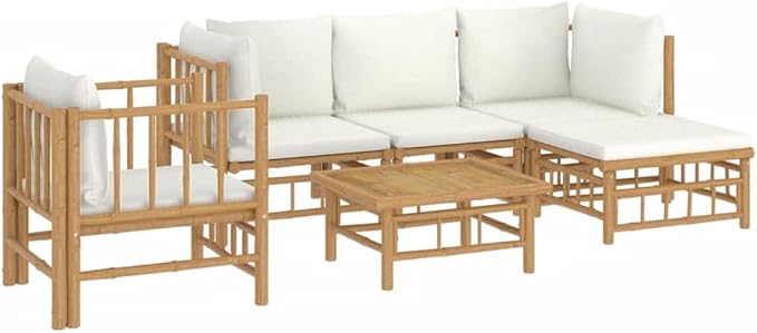 6 Piece Patio Lounge Set with Cream White Cushions, Front Porch Furniture Patio Conversation Set Outdoor Sofa Sets Porch Furniture Set for Exhibition Poolside Garden Piazza Bamboo