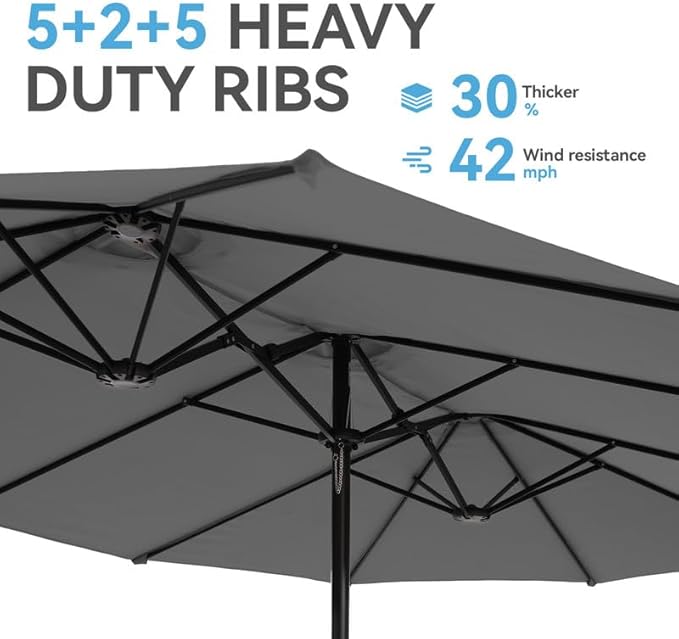 GREEN PARTY 15 ft Rectangular Patio Umbrella with Base Included, Large Double-Sided Outdoor Table Umbrella with Crank, 1.9" Pole UPF 50+ UV Resistant for Pool Deck Backyard Garden, Smoky Gray