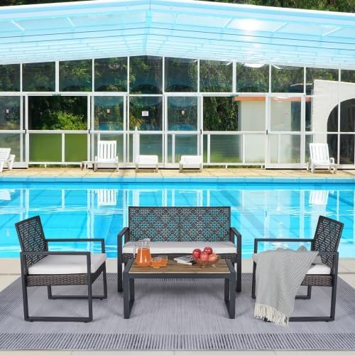 4-Piece Patio Furniture Set,Outdoor Wicker Conversation Sets with Wood Coffee Table,Heavy Duty PE Rattan Sectional Sofa Couch w/Washable Cushions for Backyard Balcony Porch Poolside (Vintage Brown)