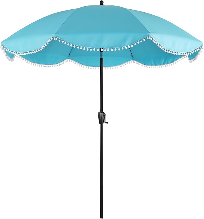 Sun-Ray 9' Patio Umbrella with Aqua Copy and White Fringe Accents, Black Frame Market Umbrella for Patio, Deck, and Backyard