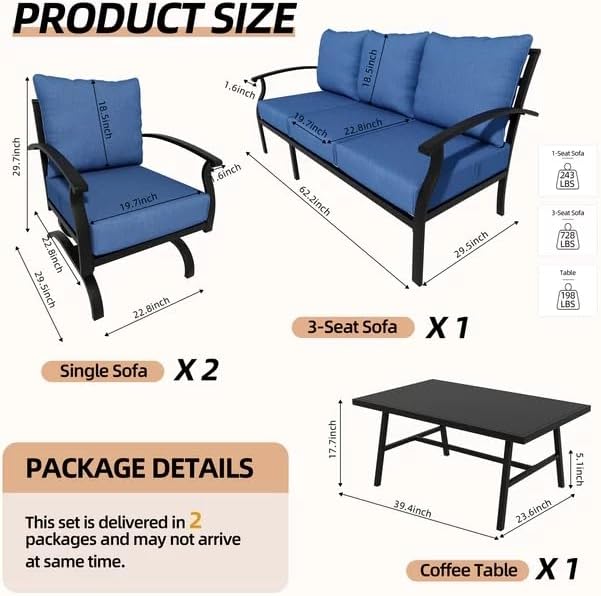 Kurapika Metal Patio Furniture Set 5-Seat Modern Metal Bistro Set Outdoor Conversation Sets, 2 Piece Patio Rocker Chairs with Thick Cushion and Coffee Table for Garden Backyard Deck Lawn, Navy Blue