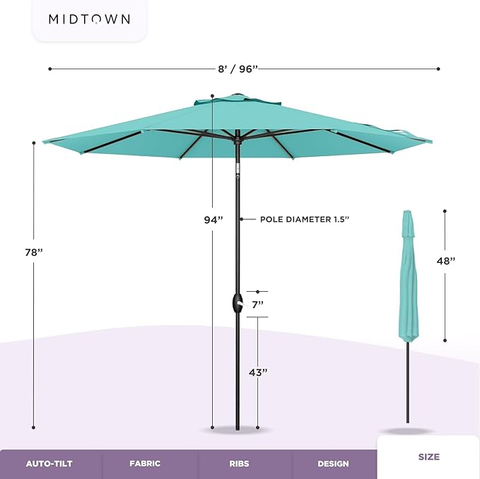 Midtown Umbrellas 10-Year-No-Fade - 8 Feet outdoor umbrella Terylast Purple Texture Polyester Fabric - Auto-Tilt Aluminum Frame Patio Umbrella For Deck, Garden, Pool - Black Pole