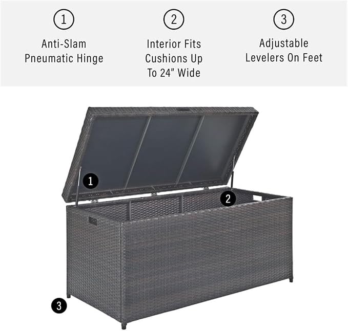 Pemberly Row Outdoor Storage Bin, 52 in x 25 in x 24.5 in, PE Wicker/Rattan and Steel, Brown Finish, UV-Resistant, Pneumatic Hinges, All-Weather Design, Ideal for Cushions and Garden Essentials