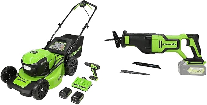 Greenworks 48V 20" Brushless Cordless Push Lawn Mower + 24V Brushless Drill/Driver + 24V Brushless Reciprocating Saw, (2) 4Ah USB Batteries & Dual Port Rapid Charger Included (2 x 24V)
