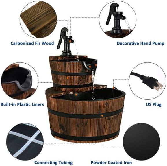2-Tier Rustic Barrel Water Fountain, Solid Fir Wood Outdoor Fountain with Hand Pump for Patio, Garden, Backyard, Lawn Decoration
