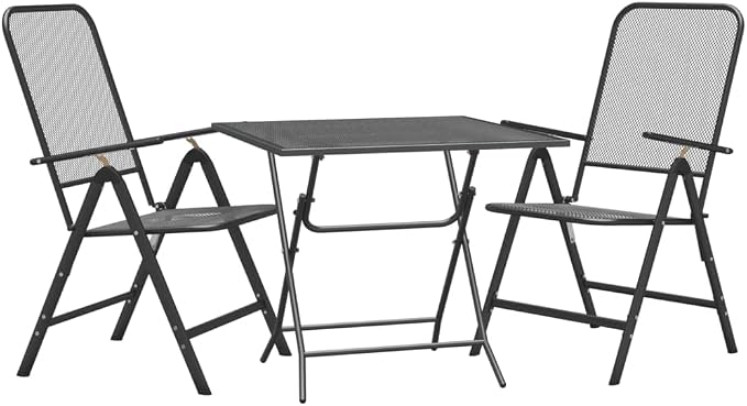 3 Piece Patio Dining Set with Expanded Metal Mesh Adjustable Chairs Foldable Table Anthracite for Outdoor Backyard Garden Balcony BBQ Party
