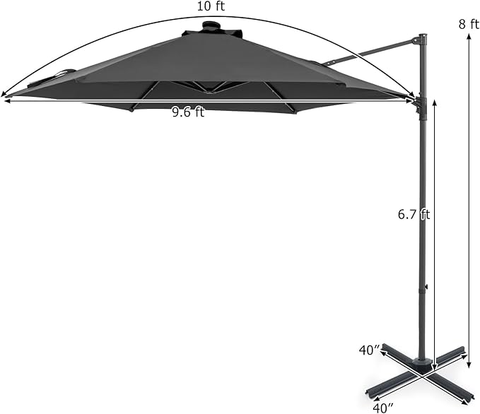 Tangkula 10ft Patio Umbrella with Solar Lights, Offset Cantilever Outdoor Umbrella with LED Lights, 360 Degree Rotation, Air Vent for Pool Deck Garden Backyard (Gray)