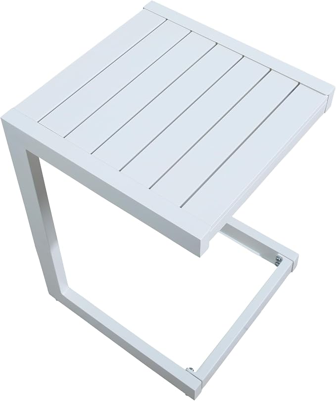 Ulax furniture Aluminum Patio Snack Side Table - C Shaped Outdoor End Table for Small Spaces (White)