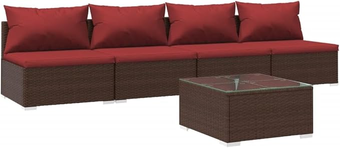 5 Piece Patio Lounge Set with Cushion, Outdoor Patio Sectional Furniture Conversation Sets Piece Patio Set Patio Lounge Set s Poly Rattan Brown