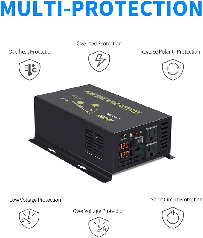 WZRELB 500W 12V 120V Pure Sine Wave Power Inverter with 2 AC Outlets Wired Remote Control (RBP-50012WR)