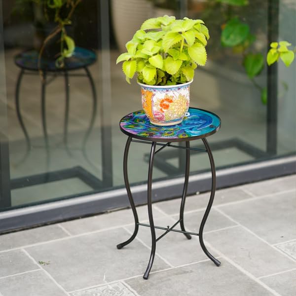 10 Inch Round Peacocks Glass Side Table, Patio Small Table, Outdoor Side Table, Outdoor Bar Table, Metal Glass End Table for Porch Garden Patio Pool Living Room
