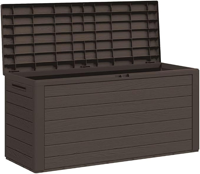 Patio Storage Box Outdoor 45.7x17.3x21.7 Inch Brown Waterproof Garden Furniture Organizer for Cushions Blankets Pillows Lockable Durable PP Plastic Deck Box