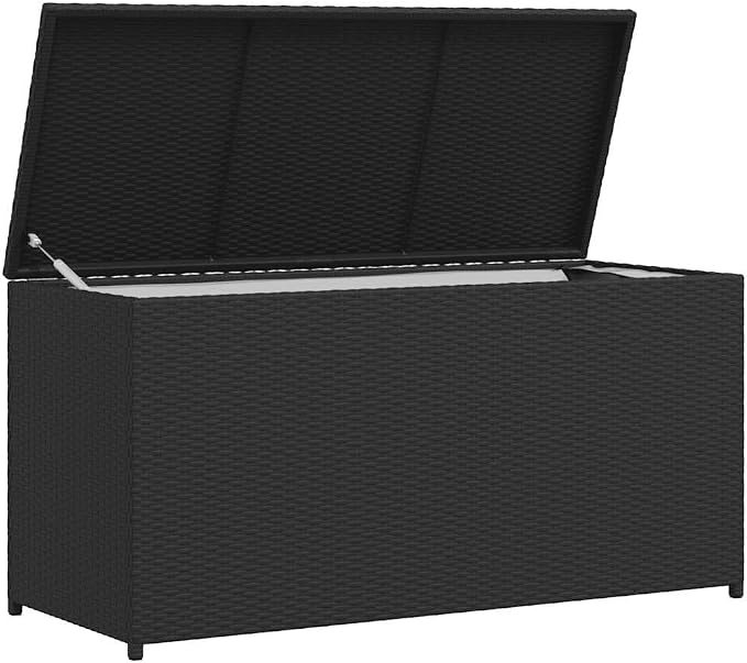 Outdoor Storage Box with Gas Lift Mechanism, Black Rectangular Storage Chest for Garden Cushions Tools and Outdoor Gear, Durable Powder-Coated Steel and PE Rattan,