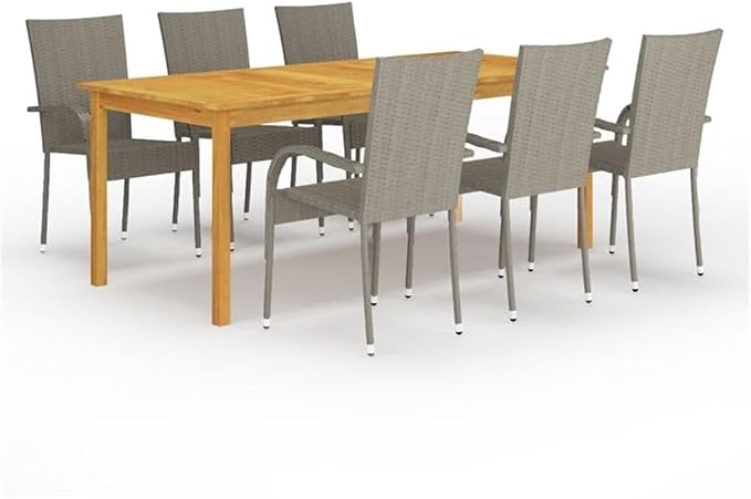 Afuera Living 7-Piece Patio Dining Set, Solid Acacia Wood Table and Chairs, Gray Finish, Weather-Resistant PE Rattan, Powder-Coated Steel Frame, Rectangular 78.7 x 35.4 in Table for Garden or Terrace