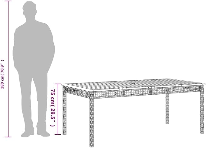 vidaXL Outdoor Dining Table Grey Brown Acacia Wood Durable Design 70.9X35.4 in Garden for Six with Powder Coated Metal Frame Weather Resistant Modern Patio Furniture Poly Rattan PE