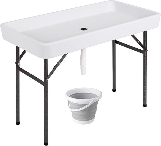 KOTEK Folding Ice Cooler Table with Matching Skirt, Drain Hose & Bucket, Foldable Buffet Beverage Cooler Server, Portable Chill Table for Party, Picnic, BBQ, Camping (White)