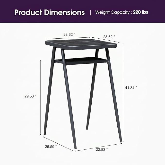 PURPLE LEAF Outdoor Patio Height Table with Shelve Counter Pub Dining Table for Balcony Patio Dark Grey