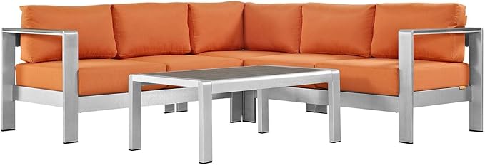 Modway Shore 4-Piece Aluminum Outdoor Patio Sectional Sofa Set in Silver Orange