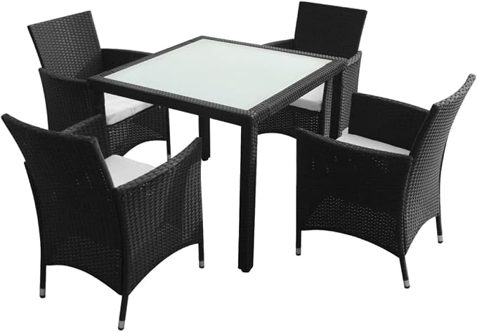 5 Piece Patio Dining Set, Black Poly Rattan Outdoor Furniture Set with 4 Wicker Chairs and Square Glass Top Table for Garden and Backyard, Includes 4 Removable Cushions