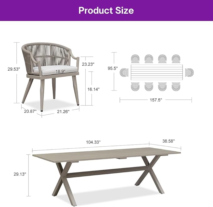 PURPLE LEAF Outdoor Dining Set for 10 with Waterproof Furniture Cover All Weather Patio Dining Set with Rectangular Aluminum Table and Wicker Dining Chairs for Garden Deck Backyard Kitchen, Champagne
