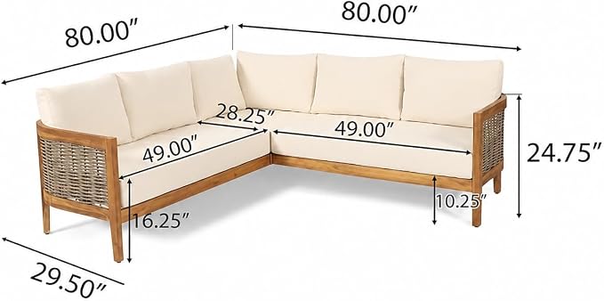 Merax Rattan Outdoor Acacia Wood V-Shaped Sectional Sofa with Cushions | All-Weather Patio Sofa Conversation Set for Porch, Lawn, Backyard, Balcony, Teak