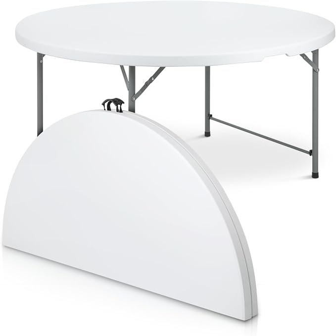 Athena Collection 5.5ft Folding Table, Portable Plastic Round Foldable Card Table, Indoor Outdoor Collapsible Craft Desk Dining Desk with Lock & Handle for Commercial Party Camping, White