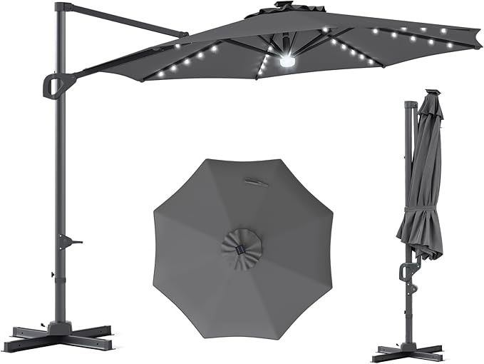 Tangkula 10ft Patio Umbrella with Solar Lights, Offset Cantilever Square Outdoor Umbrella with 35 LED Lights, Aluminum Pole, 360 Degree Rotation, Tilt Adjustment, Air Vent for Pool Deck Yard (Gray)
