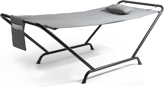 Double Hammock with Stand, Heavy Duty Outdoor Hammock, 550 LBS Capacity, Stable Steel Frame Hammocks with Soft Pillow and Side Storage Pocket for Patio, Garden, Backyard & Beach