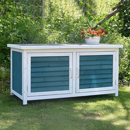 Outdoor Deck Box, Solid Wood and Metal Patio Storage, Garden Box with Plastic Feet for Balcony and Patio