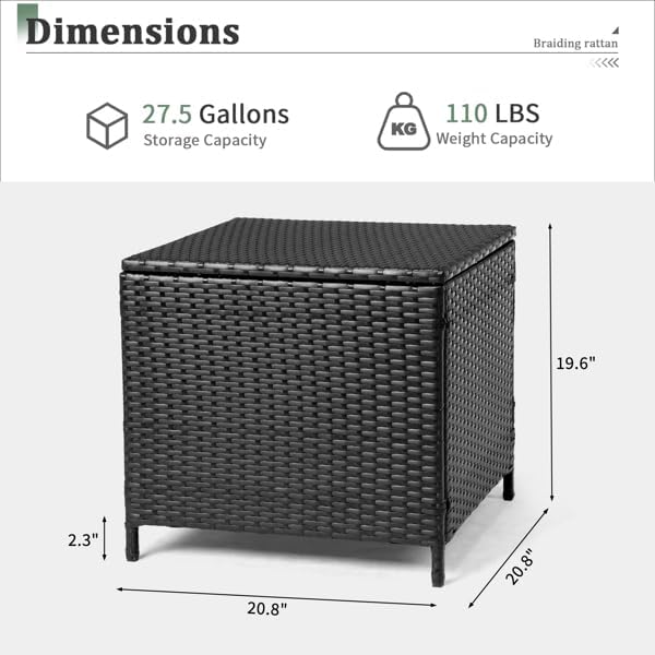 Outdoor PE Wicker Side Table with Storage, Patio Rattan End Table Square Container for Furniture Covers (Black)