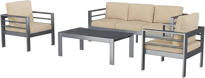 AECOJOY Aluminum Patio Furniture Armchair with Ottoman, Set of 2, Modern Outdoor Furniture with Washable 5 inch Thick Cushion, Beige