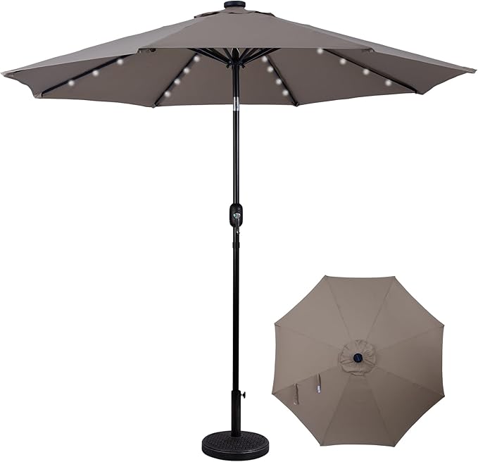 Backyard Expressions 9FT Solar Patio Umbrella with 32 LED Lights, UPF50+ UV Protection, Fade-Resistant Fabric, Easy Tilt & Crank, Outdoor Umbrella for Patio, Deck & Pool (Base Not Included)