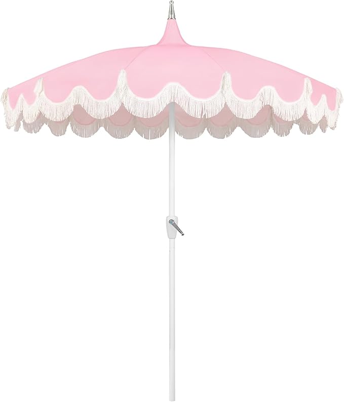 7.5ft Pagoda Patio Umbrella with Fringe, UPF50+ Tassel Umbrella with Crank & Fiberglass Ribs, Holiday Outdoor Umbrella for Garden Pool Lawn Yard Table
