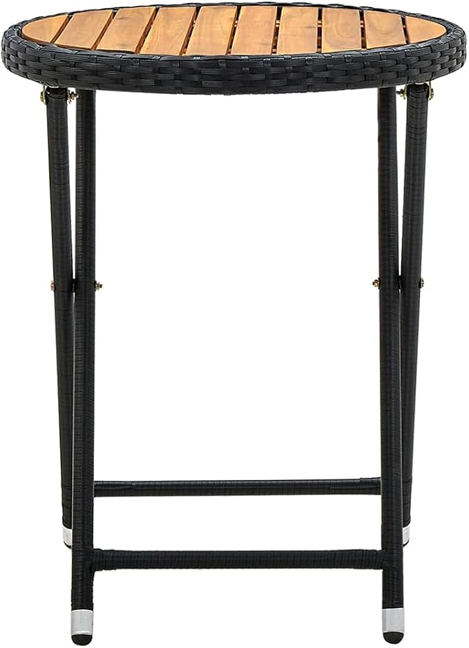 Black PE Rattan Round Folding Tea Table Solid Acacia Wood Compact Foldable Outdoor Indoor Use Rustic Style Balcony Garden Furniture