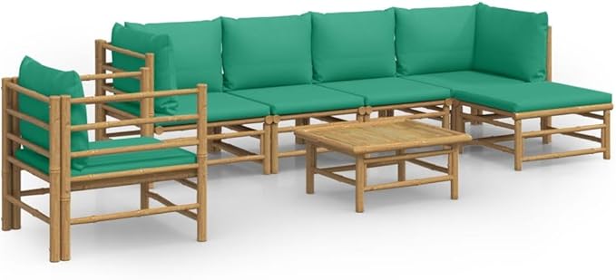 7 Piece Patio Lounge Set with Green Cushions, Sectional Sofa Patio Conversation Set Outdoor Sofa Sets Porch Furniture Set for Exhibition Garden Negotiation Area Piazza Bamboo