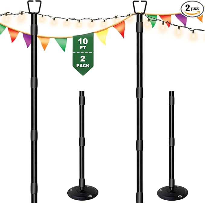 10Ft String Light Poles for Outside - 2 Pack Adjustable Metal Poles for Outdoor String Lights, Rustproof & Sturdy Light Stand Posts for Patio, Backyard, Deck, Garden, Party Decorations