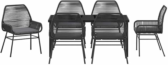 Afuera Living 7 Piece Poly Rattan Patio Dining Set, Black Finish, UV-Resistant, Powder-Coated Steel Frame, Cushioned Seats, Black Tempered Glass Table, Modern Outdoor Furniture for Garden or Patio Use