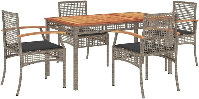 5 Piece Patio Dining Set with Cushions, Gray PE Rattan Outdoor Furniture Set with Acacia Wood Top Table and 4 Armchairs, Modern Wicker Dining Table Set for Backyard Garden Deck Porch