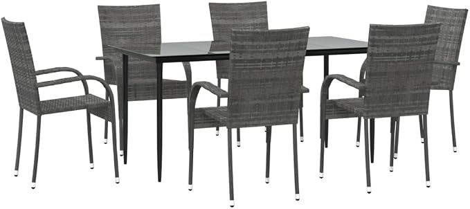 7 Piece Patio Dining Set Gray Poly Rattan Outdoor Furniture with Tempered Glass Table and 6 Stackable Chairs for Garden Backyard Deck