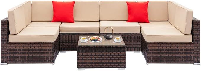 7-Piece Patio Furniture Set Outdoor Rattan Sofa Set Patio Conversation Set with Removable Cushions and Glass Coffee Table,Outdoor Sectional Furniture Patio Sofa Gazebo Set