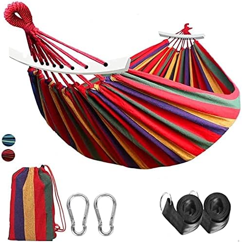 Outdoor Hammock Portable Garden Hammock Sports Home Travel Camping Swing Canvas Stripe Hang Bed Hammock Double Single People (260x80 Blue Set)