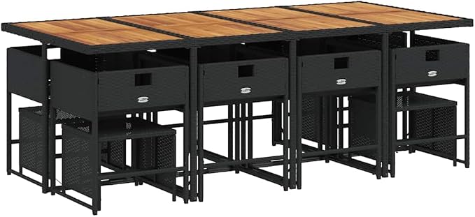 Large Rectangular Garden Dining Table, Outdoor Patio Furniture Set with Synthetic Poly Rattan and Solid Acacia Wood, Weather-Resistant Table for Backyard and Terrace