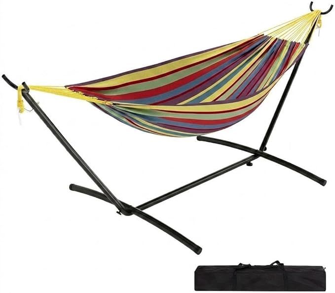 Double Hammock with Stand, 2 Person Heavy Duty Outdoor Hammock – 450IB Capacity, Portable Hammock with 9FT Steel Stand & Carrying Case, Adjustable Hammock Bed for Backyard,Camping,Beach,Yellow