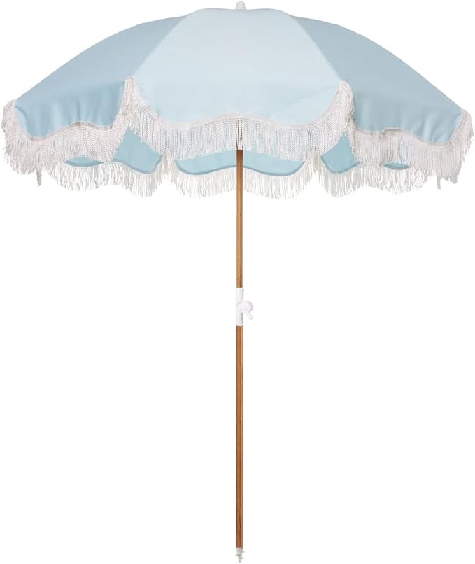 Business & Pleasure Co. Holiday Umbrella - Boho Beach Umbrella with White Fringe, UPF 50+, 1" Tilting Wood Pole, 5’ x 6.5’, Santorini Blue