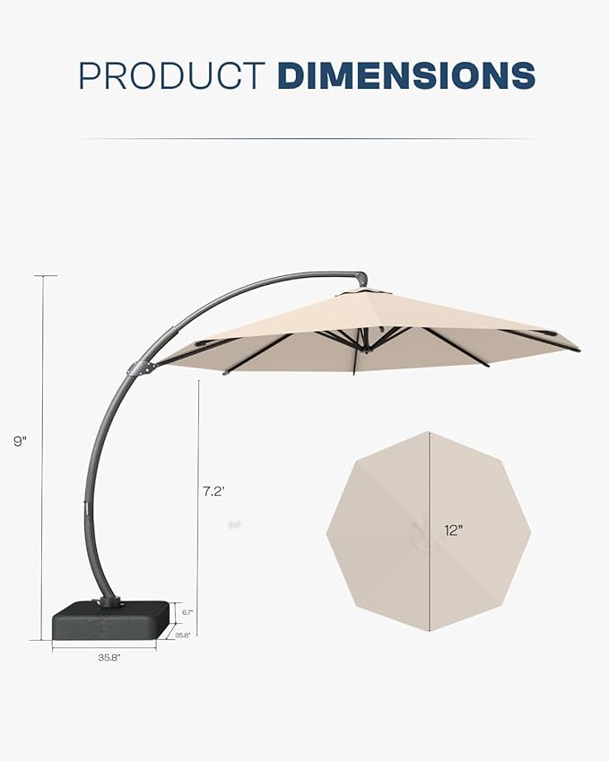 12 FT Cantilever Umbrella with Base Included, Large Round 360° Rotation Offset Umbrella Outdoor Patio, Heavy Duty Aluminum Frame, Sand-Weighted Stand, for Deck, Backyard, Pool, Garden (Beige)