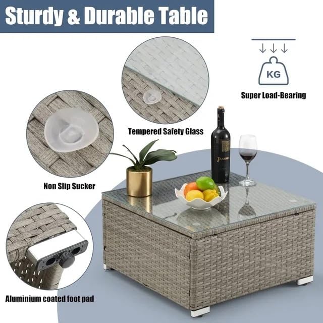 3-Piece Outdoor Sofas Patio Set All-Weather Wicker Sectional Sofa with Tempered Glass Table Conversation Group for Backyard