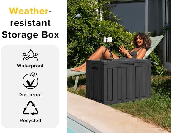 Resin Deck Box, Lockable Patio Outdoor Storage Box for Furniture, Garden Tools and Tools Storage, Waterproof Outside Storage Boxes (Black, 45 Gallon)