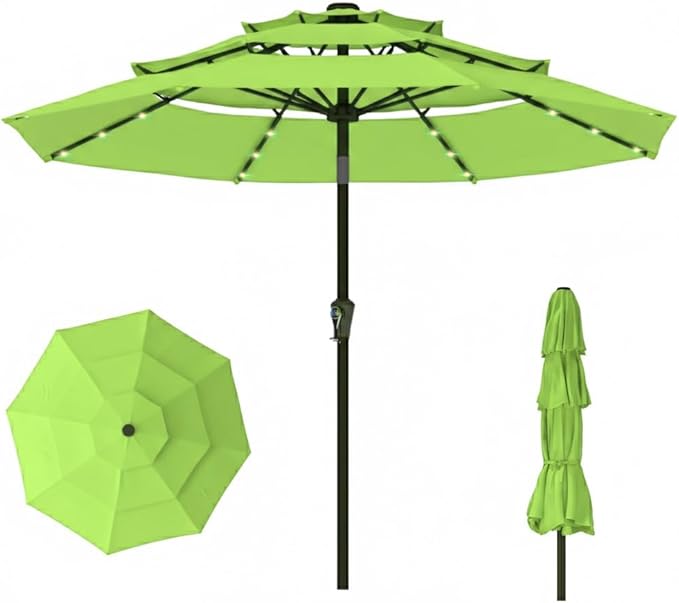 10ft 3-Tier Patio Umbrella with 32 Solar Powered LED Lights, Windproof Outdoor Market Umbrella for Deck, Poolside & Garden, Sturdy Push-Button Tilt Table Umbrella, Apple Green