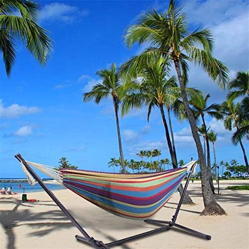 HopeHope Cotton Hammock with Space Saving Steel Stand, Tropical Hammock for Patio Porch Garden Backyard Lounging Outdoor and Indoor Rainbow(450 lb Capacity - Premium Carry Bag Included)