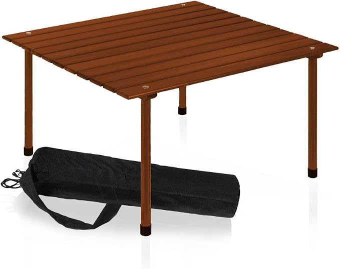 Formosa Covers Portable Wood Roll Up Table for Picnics, 2025 Update Stronger Staple Camping, Low Beach Table, Travel, Tailgate, Outdoor Events Carrying Bag Size 26" Lx26Wx16 H (Dark Teak Finish)